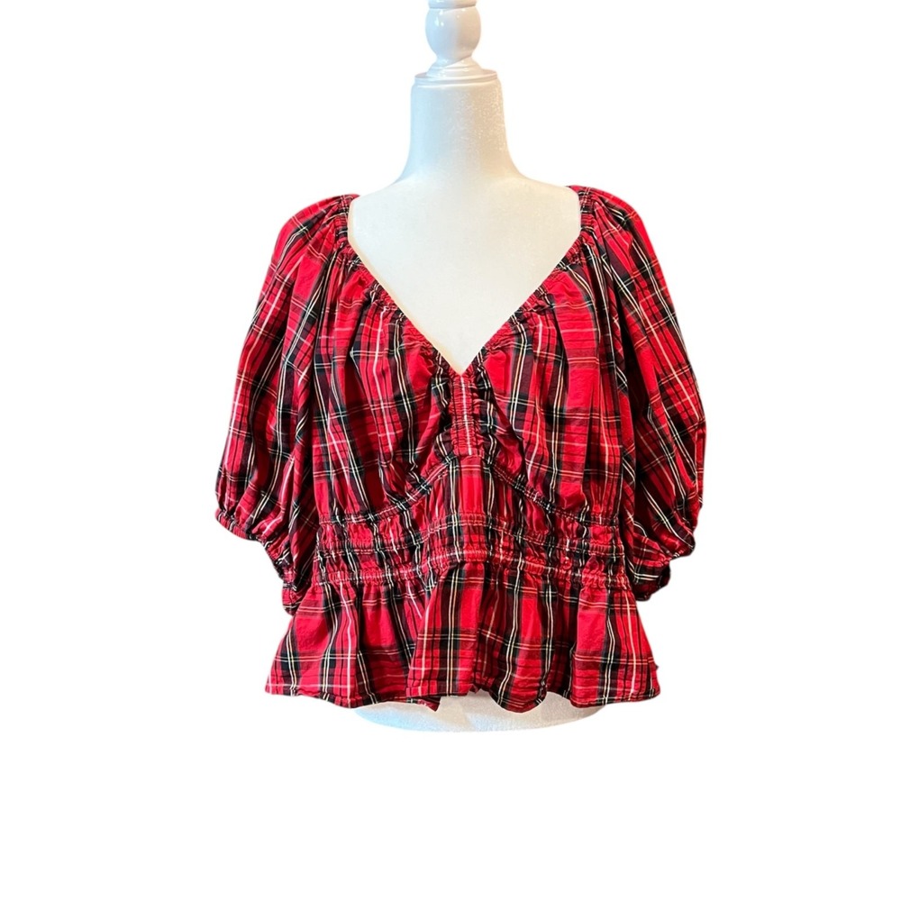 Old Navy Top Women's 2x Red Tartan Plaid‎ Smocked Peplum Holiday Christmas